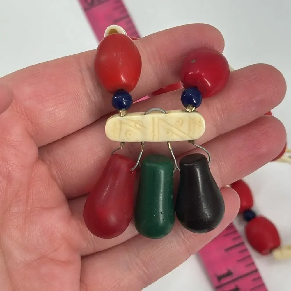Vintage acrylic and bone tribal chunky colorful beaded 24 inch necklace